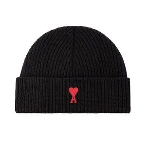 Ami Black Knit Hat with Red Heart Logo
